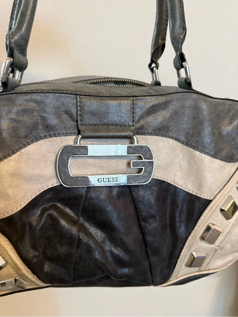 Guess | Y2k patchwork bowling satchel with silver tone studs